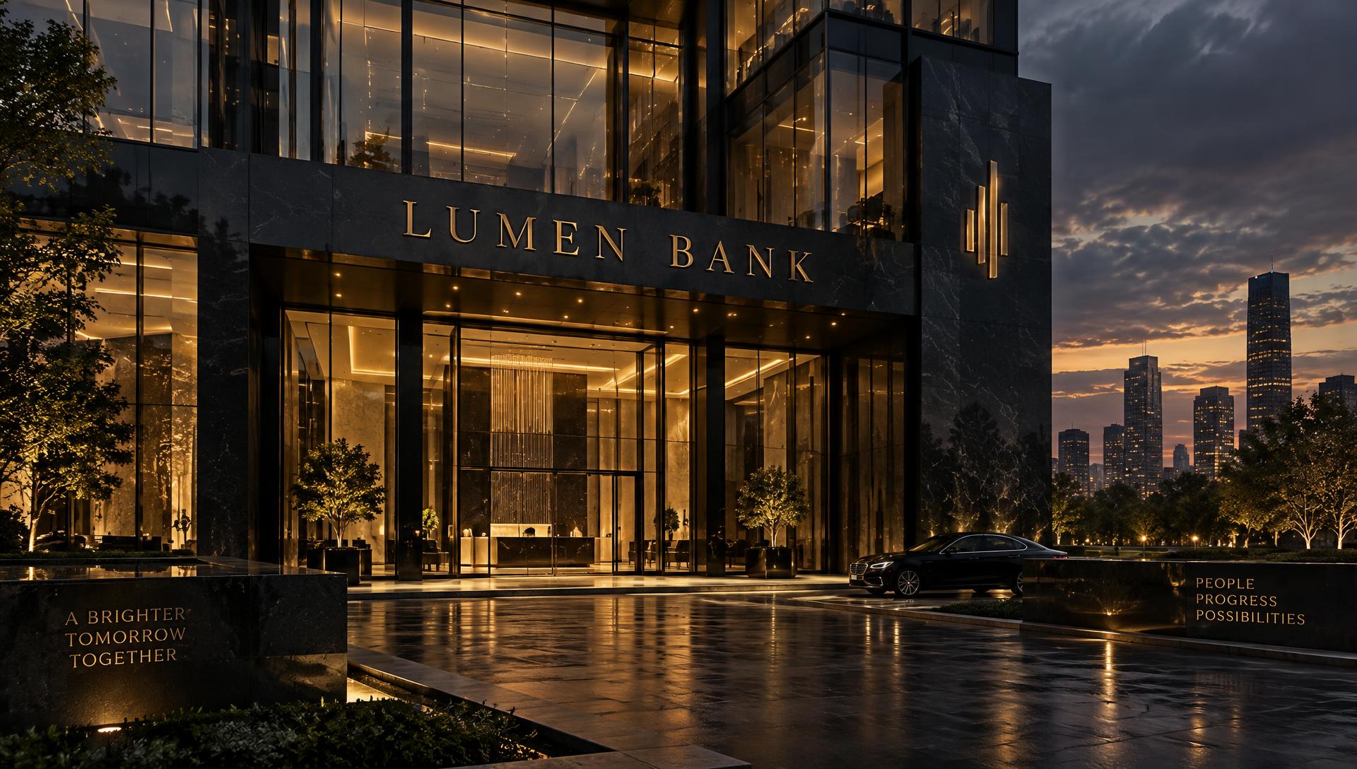 Lumen Bank headquarters at dusk